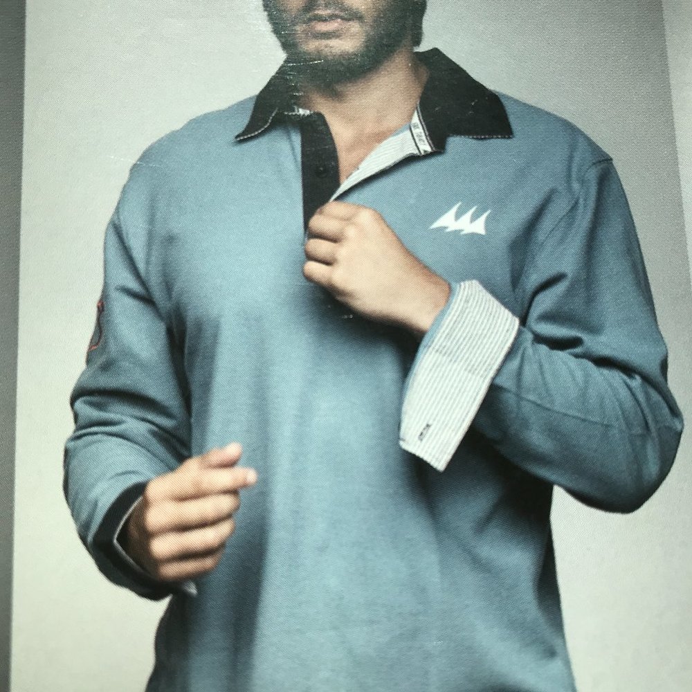 Premium  Nautical Long Sleeve Rugby Shirt in Blue Grey Eric Tabarly